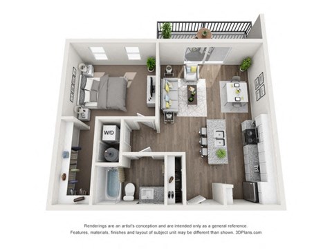Floor plan for 1 bed, 1 bath, 765 sqft